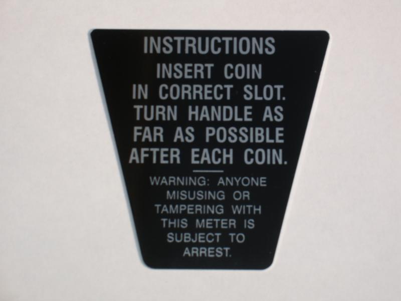 Duncan Model 50 Parking Meter Coinage Plate Decal 